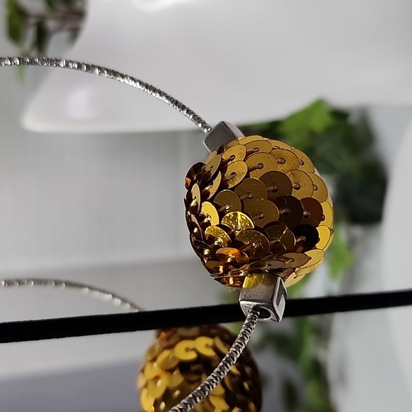 Large Silver Statement Hoop Earrings with Gold Sequin Disco Ball New - Picture 4 of 7